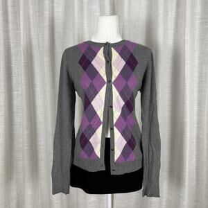Merona Cardigan Sweater Womens Medium Gray Argyle Button Front Wool Blend Preppy